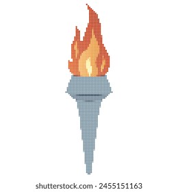 Pixel icon. Flaming torchs. Pixel torch withe flame. Burning fire or flame. Sport fire sign. Athletic, champion, sports game or freedom torches with flames icon.