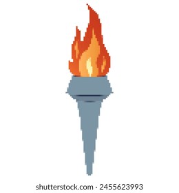 Pixel icon. Flaming torchs. Pixel torch withe flame. Burning fire or flame. Sport fire sign. Athletic, champion, sports game or freedom torches with flames icon.