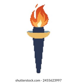 Pixel icon. Flaming torchs. Pixel torch withe flame. Burning fire or flame. Sport fire sign. Athletic, champion, sports game or freedom torches with flames icon.