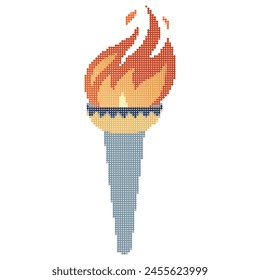 Pixel icon. Flaming torchs. Pixel torch withe flame. Burning fire or flame. Sport fire sign. Athletic, champion, sports game or freedom torches with flames icon.