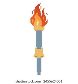 Pixel icon. Flaming torchs. Pixel torch withe flame. Burning fire or flame. Sport fire sign. Athletic, champion, sports game or freedom torches with flames icon.