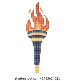 Pixel icon. Flaming torchs. Pixel torch withe flame. Burning fire or flame. Sport fire sign. Athletic, champion, sports game or freedom torches with flames icon.