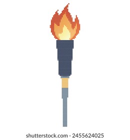 Pixel icon. Flaming torchs. Pixel torch withe flame. Burning fire or flame. Sport fire sign. Athletic, champion, sports game or freedom torches with flames icon.