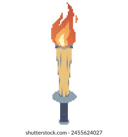 Pixel icon. Flaming torchs. Pixel torch withe flame. Burning fire or flame. Sport fire sign. Athletic, champion, sports game or freedom torches with flames icon.