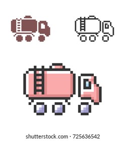 Pixel icon of fuel truck in three variants. Fully editable