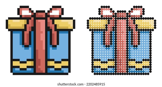 Pixel icon. Gift holiday box with bow on top. Gifts and surprises for new year 2023 and birthday. Simple retro game vector isolated on white background