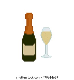 Pixel icon. Glass of champagne. Champagne bottle 