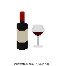 Pixel icon. Glass of wine. Wine bottle 