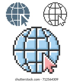 Pixel icon of  globe with pointer arrow (go to web) in three variants. Fully editable