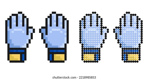 Pixel Icon. Goalkeeper Gloved Hands. Football Goalie Gear To Protect Football Goals. Simple Retro Game Vector Isolated On White Background