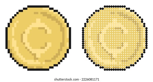 Pixel Icon. Gold American Coin 1 Cent. Cash, Bank Loan. Simple Retro Game Vector Isolated On White Background