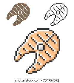Pixel icon of grilled fish piece in three variants. Fully editable