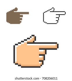 Pixel icon of hand with forefinger pointing forward  in three variants. Fully editable