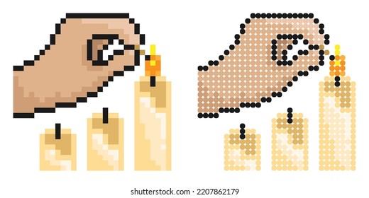 Pixel icon. Hand holds burning match over candles. Preparing for the holiday, lighting candles. Simple retro game vector isolated on white background