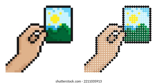 Pixel icon. Hand holds paper photograph. Memories of vacation or trip to nature. Printing photos. Simple retro game vector isolated on white background