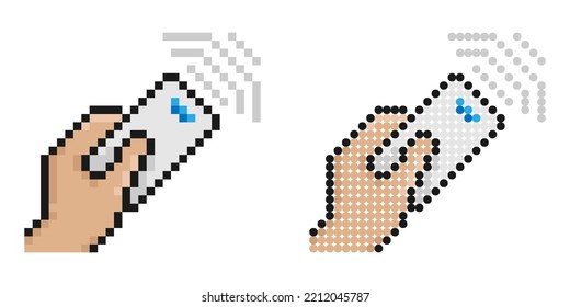 Pixel Icon. Hand Holds The TV Control Panel And Presses The Button With Thumb. Remote Control. Simple Retro Game Vector Isolated On White Background