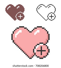 Pixel icon of heart with plus sign (add to favorites) in three variants. Fully editable