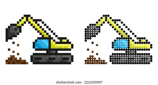 Pixel icon. Heavy excavator machine for construction and earthworks. Industrial machinery and equipment. Simple retro game vector isolated on white background