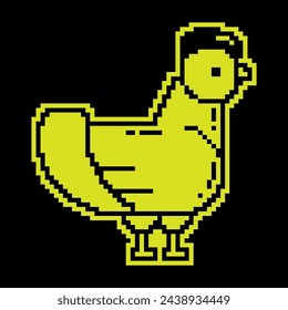 Pixel icon. Home chicken. Farm bird laying eggs. Simple black and yellow vector isolated on black background