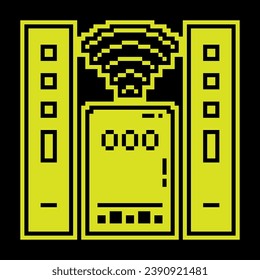 Pixel icon. Home theater with speakers and wireless peripheral connections. Premium home cinema equipment. Simple black yellow vector isolated on black background