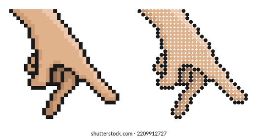 Icono de píxeles. La mano humana muestra golpear la pelota. Gesto de jugar con baloncesto pequeño en el campo de deportes de mesa o juguete. Vector de juego retro simple aislado en fondo blanco