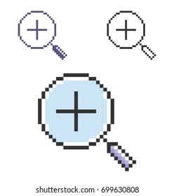 Pixel icon of  increase magnifying glass in three variants. Fully editable
