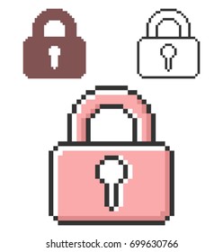 Pixel icon of locked padlock in three variants. Fully editable