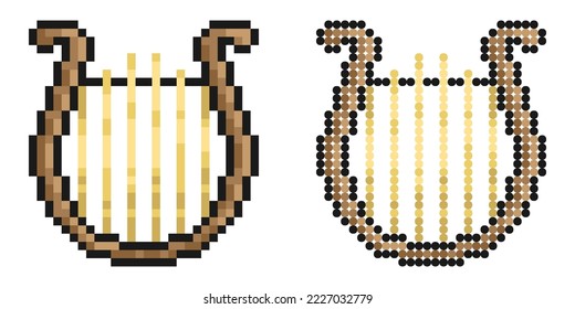 Pixel icon. Musical harp. Concert instrument Greek lyre. Simple retro game vector isolated on white background