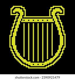 Pixel icon. Musical harp. Concert instrument Greek lyre. Simple black yellow vector isolated on black background