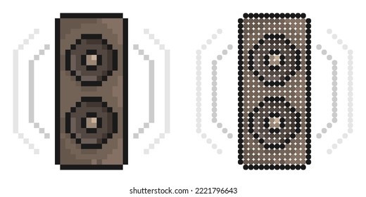 Pixel icon. Musical speaker for playing music with sound waves. Disco equipment. Simple retro game vector isolated on white background