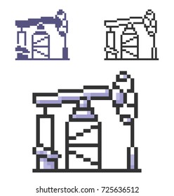 Pixel icon of oil derrick in three variants. Fully editable