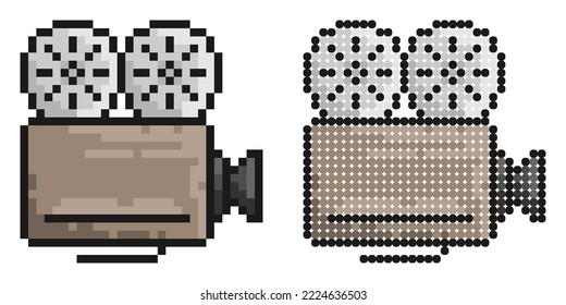 Pixel icon. Old camcorder. Filming movie on retro instrument. Film recording of movie. Simple retro game vector isolated on white background