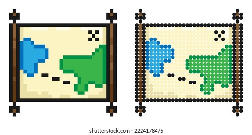Pixel icon. Old map. Papyrus paper rolled up. Medieval letters and pirate treasure maps. Simple retro game vector isolated on white background