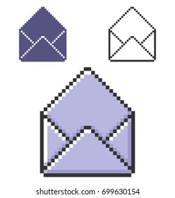 Pixel icon of open empty envelope in three variants. Fully editable
