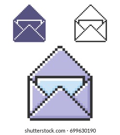 Pixel icon of open envelope and letter in three variants. Fully editable