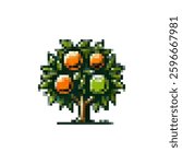 Pixel icon orange tree. Tree logo with fruits vector. Tangerine tree icon. Spring trees. Fruit tree vector icon pixel style. Stylish retro trees icon.