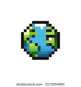 Pixel icon of planet earth. Earth ecology icon in pixel style. Earth globe in 8 bit style. Simple pixel icon of earth circle.
