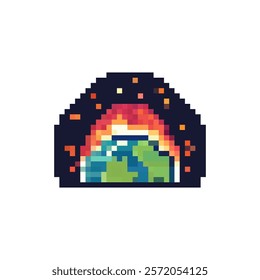 Pixel icon of planet earth. Vector icon of sunrise in dark sky. Earth with sun in pixel style. Flame with planet earth vector. Vector illustration.