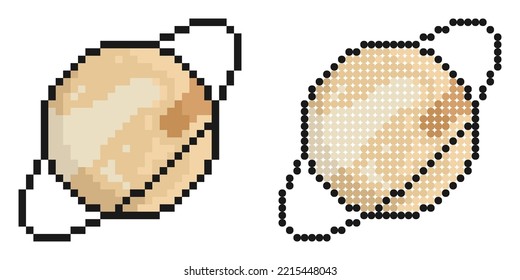 Pixel icon. Planet saturn with ring icon. Exploring space and solar system at school. Simple retro game vector isolated on white background