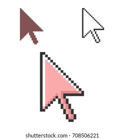 Pixel icon of pointer arrow in three variants. Fully editable