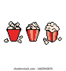 Pixel Icon. Popcorn Icon Set. Sweet Or Salty Corn. Fast Food Pixelated Logo. 