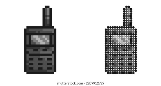 Pixel icon. Radio station to keep in touch. Wireless walkie talkie of security guard, soldier. Simple retro game vector isolated on white background