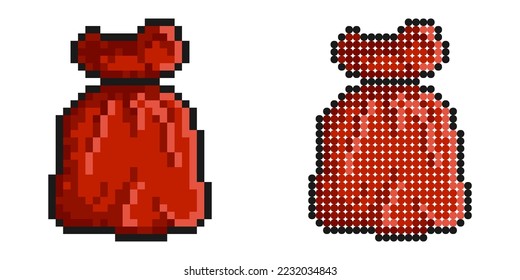 Pixel icon. Red holiday bag with gifts, santa bag with children toys. Simple retro game vector isolated on white background