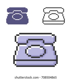 Pixel icon of retro phone in three variants. Fully editable