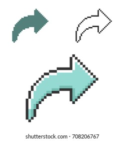 Pixel icon of right curved arrow in three variants. Fully editable