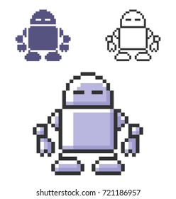 Pixel icon of robot in three variants. Fully editable