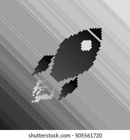 Pixel icon rocket spaceship on grey background.