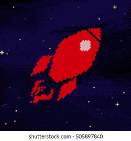 Pixel icon rocket spaceship on blue background.