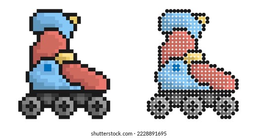 Pixel icon. Roller skates on wheels, extreme sports and entertainment. Sports equipment. Simple retro game vector isolated on white background