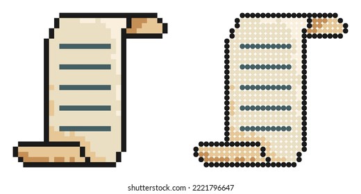 Pixelsymbol. Bildlaufsymbol. Papyrus-Papier aufgerollt. Abschluss und Unterzeichnung einer Vereinbarung über das Papierschreiben. Einfache Retro-Game-Vektorgrafik einzeln auf weißem Hintergrund